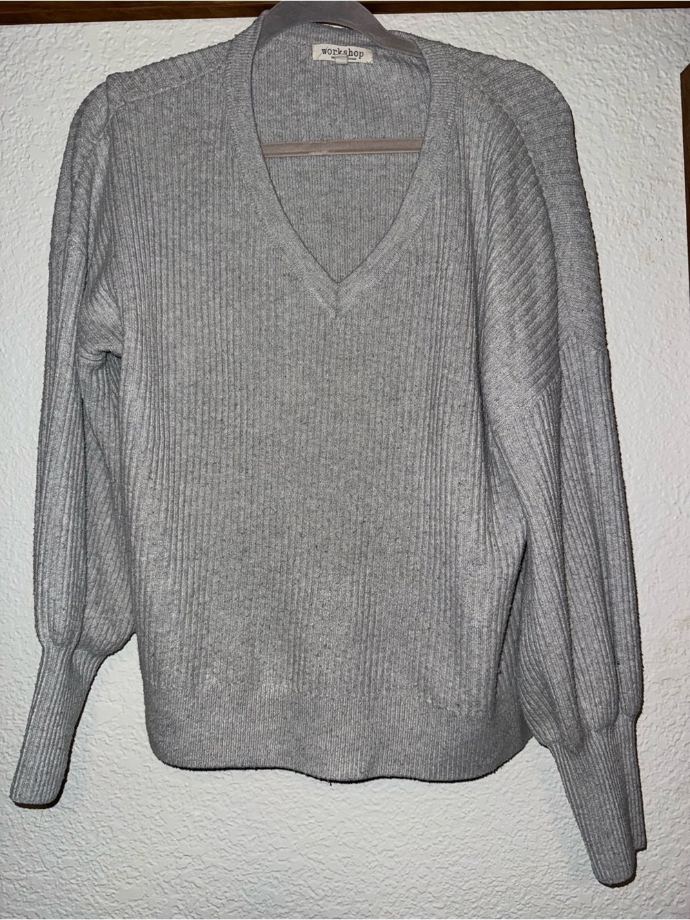 Workshop Republic Clothing Light Gray V-Neck Ribbed Balloon Sleeve Sweater